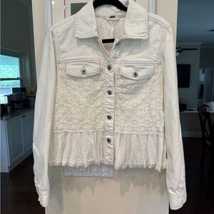 Free People Cream Lace Jean Jacket with Ruffle Hem